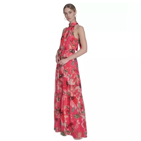 Eliza J Women's Floral Printed Sleeveless Tie-Waist Chiffon Halter Gown 4 New - Picture 2 of 8